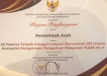 Masuk 17 Pengelola Pengaduan Pelayanan Publik Terbaik, Pemerintah Aceh Terima Penghargaan dari Menpan-RB