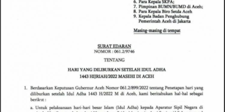 Sambut Hari Besar Islam, Pemerintah Aceh Tambah Libur ASN Dua Hari Setelah Hari Raya Idul Adha