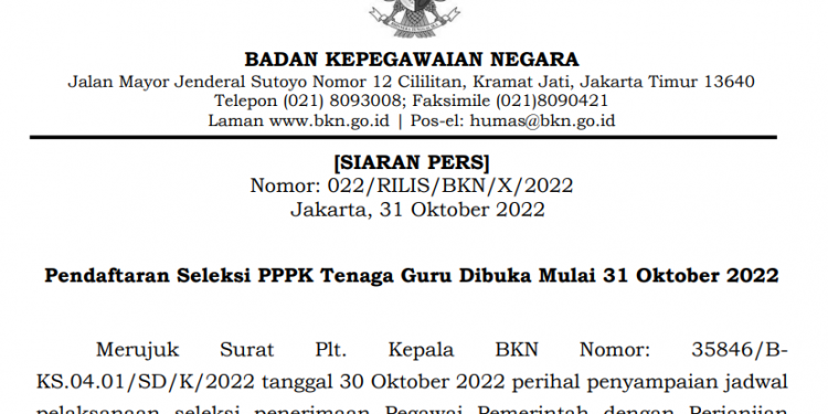 Pendaftaran Seleksi PPPK Tenaga Guru Dibuka Mulai 31 Oktober 2022
