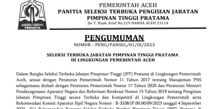 Pemerintah Aceh Lelang 10 Jabatan Pimpinan Tinggi Pratama