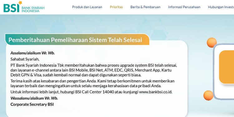 Proses Upgrade System BSI Selesai, Layanan Pulih Sepenuhnya