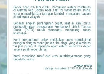 Listrik Aceh Kembali Padam, PLN Akui Sistem Belum Stabil