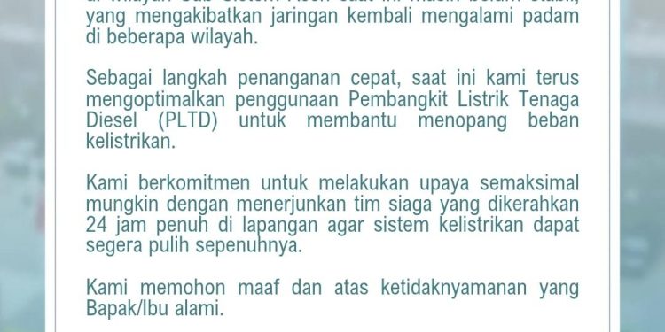 Listrik Aceh Kembali Padam, PLN Akui Sistem Belum Stabil