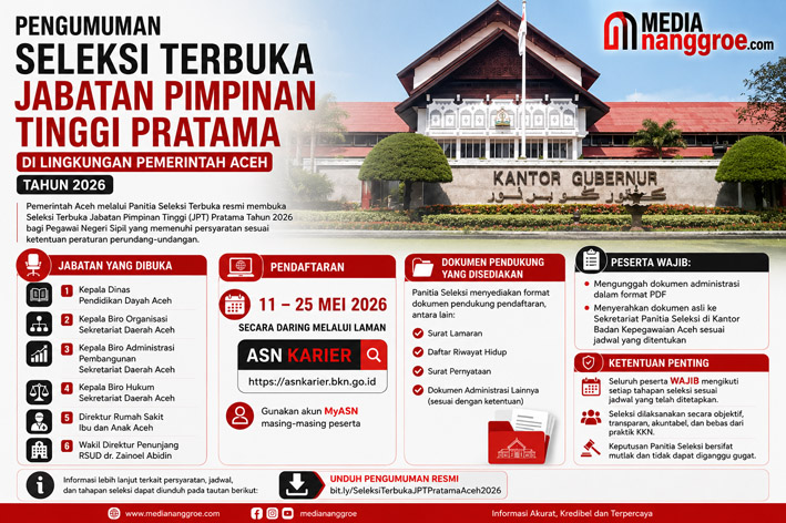 Pemerintah Aceh Buka Seleksi Terbuka Enam Jabatan Pimpinan Tinggi Pratama Tahun 2026