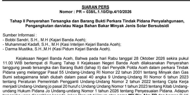 Kejari Banda Aceh Terima Tersangka Kasus Dugaan Penyalahgunaan Solar Subsidi